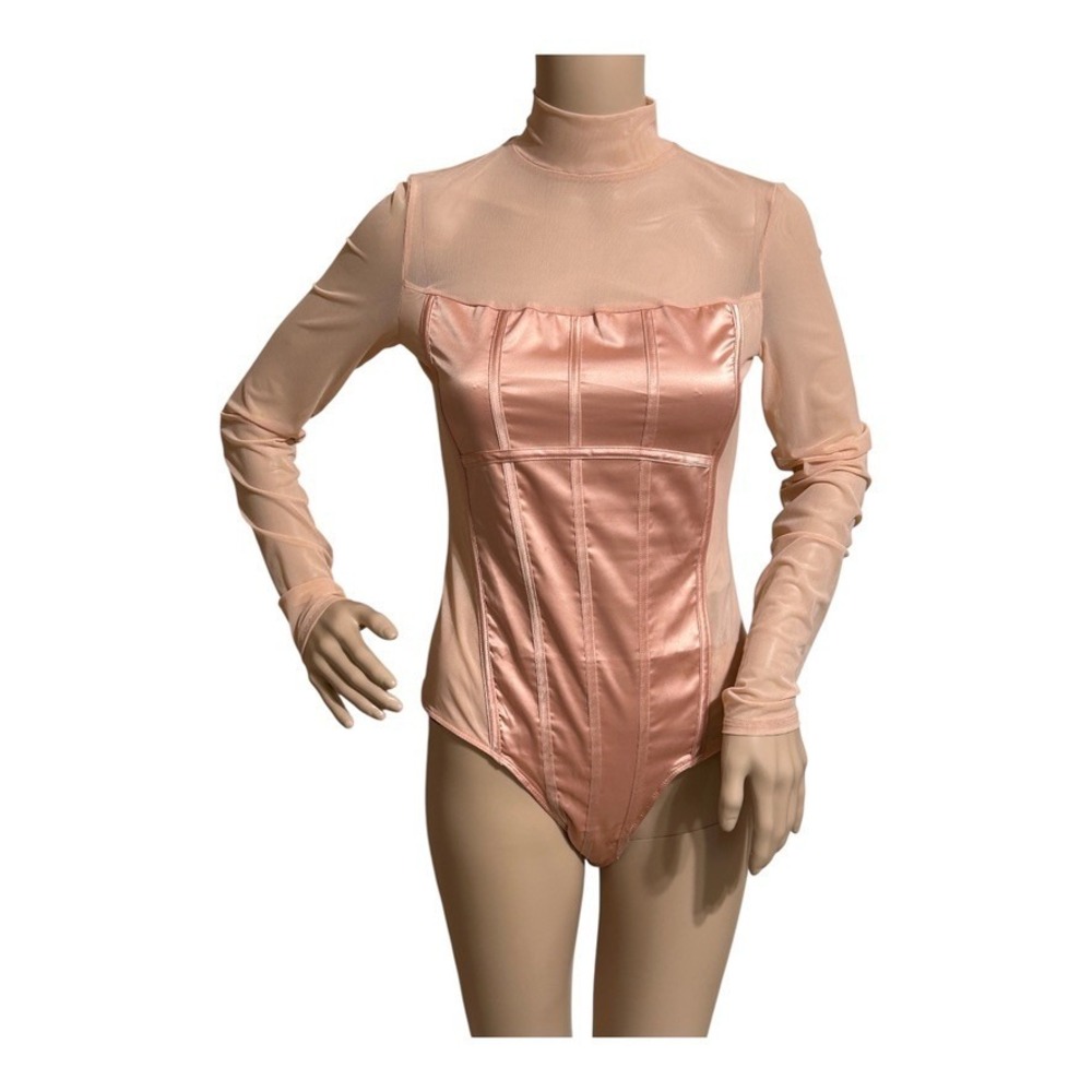 Guess Elle Mesh Satin Corset Bodysuit Bustier M Peach Long Sleeve Mock Neck NWT